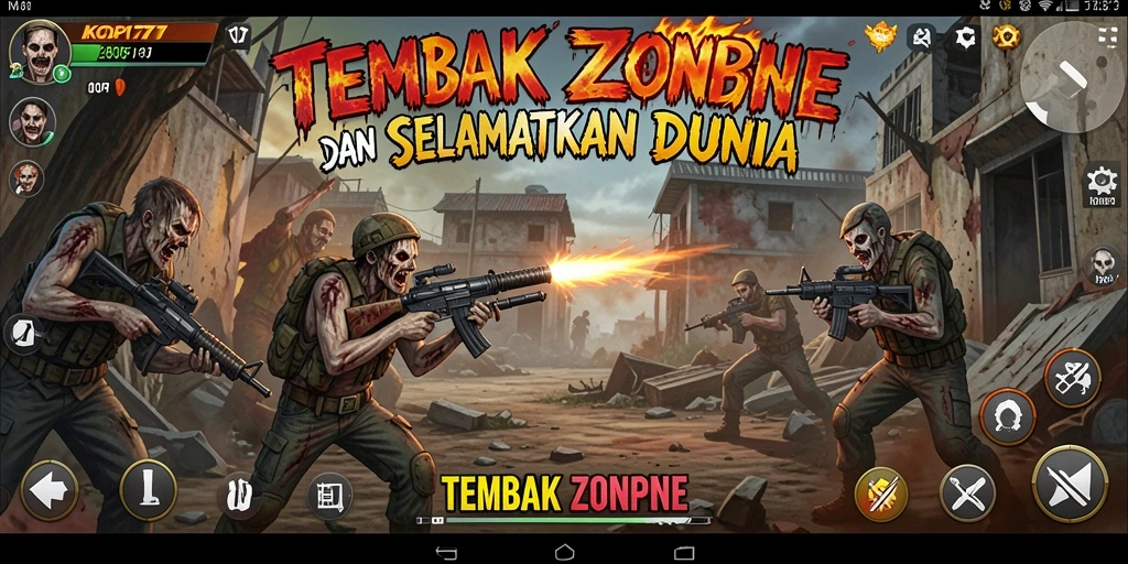 Tampilan antarmuka KOPI77 dengan aksi menembak zombie yang mendebarkan.